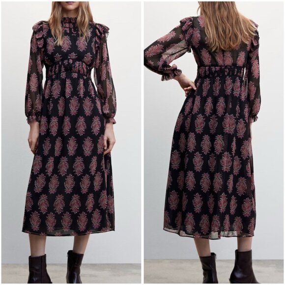 Mango US Size 12 Baroque Print Long Sleeve Midi Dress Black Sheer Ruffle Boho